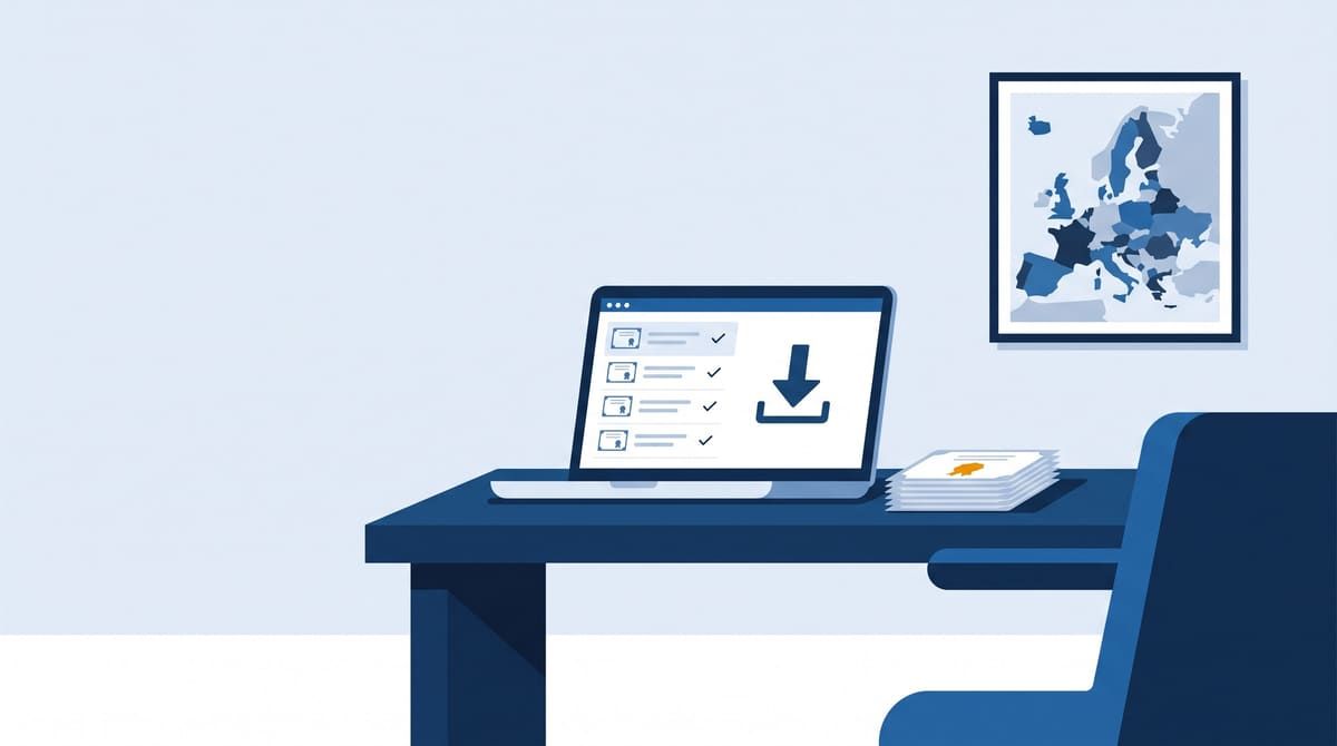 A laptop showing a certificate export next to a stack of certificates