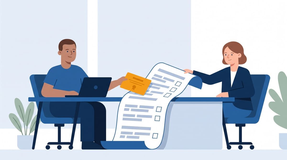 A US executive calmly places a certificate card on the supplier questionnaire a European procurement person slides across the desk