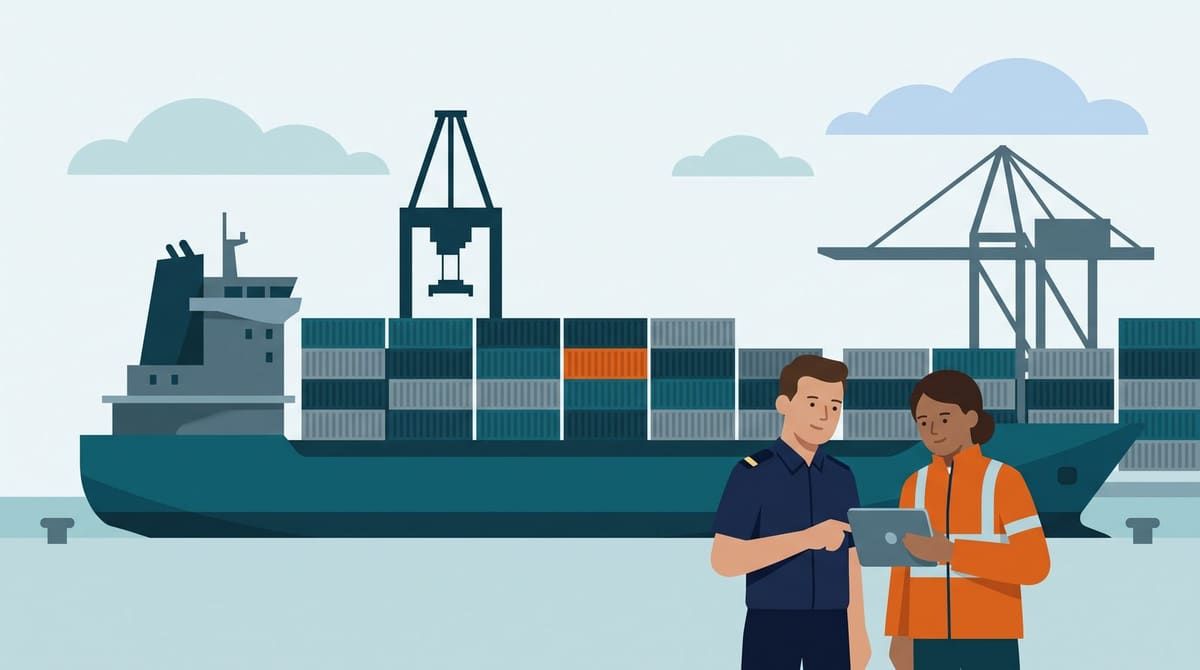 Container ship at a terminal, a ship officer and a terminal planner discussing the cargo