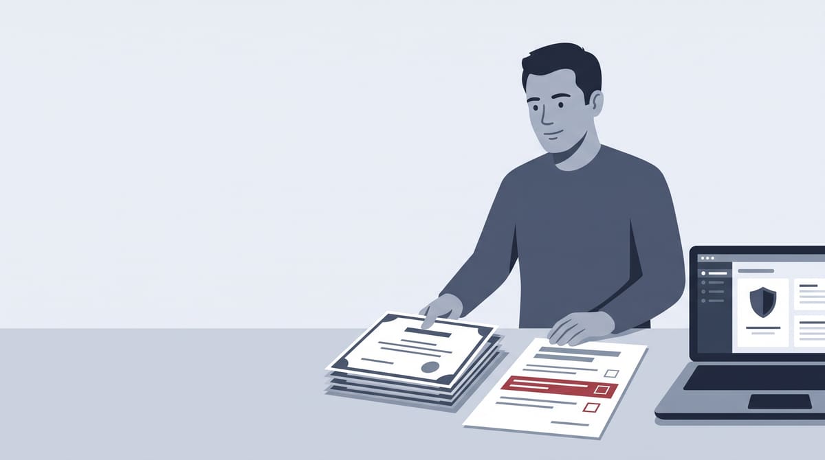 A security lead calmly places a stack of training certificates next to a vendor questionnaire whose ‘security awareness training’ line is highlighted, still unchecked