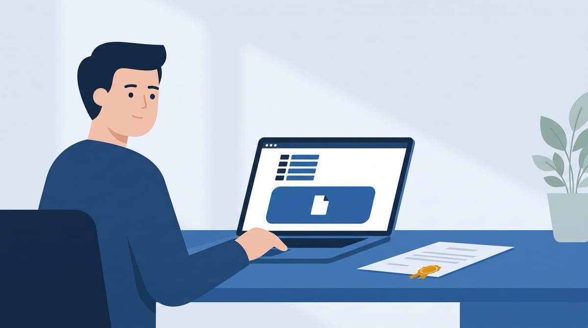 Ein Gründer lädt am Laptop den Registerinhalt hoch; daneben liegt der Auszug mit Siegel