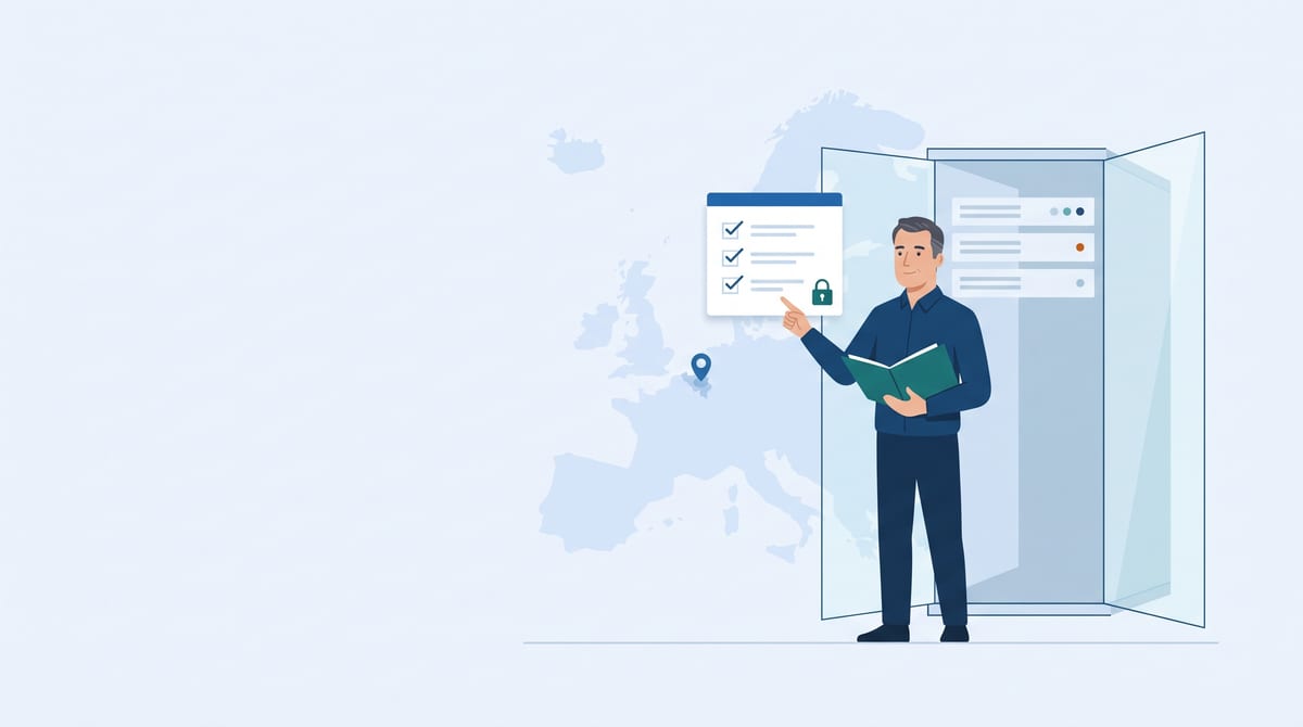 A staff member points at a checklist with a padlock, behind them a server cabinet and the outline of Europe with a location pin